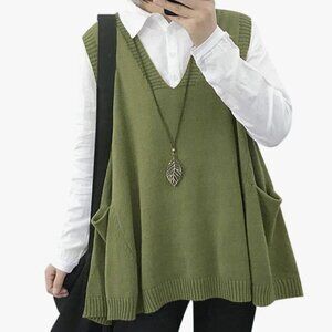 Green Sweater Vest 100% Cotton Swingy Pockets
